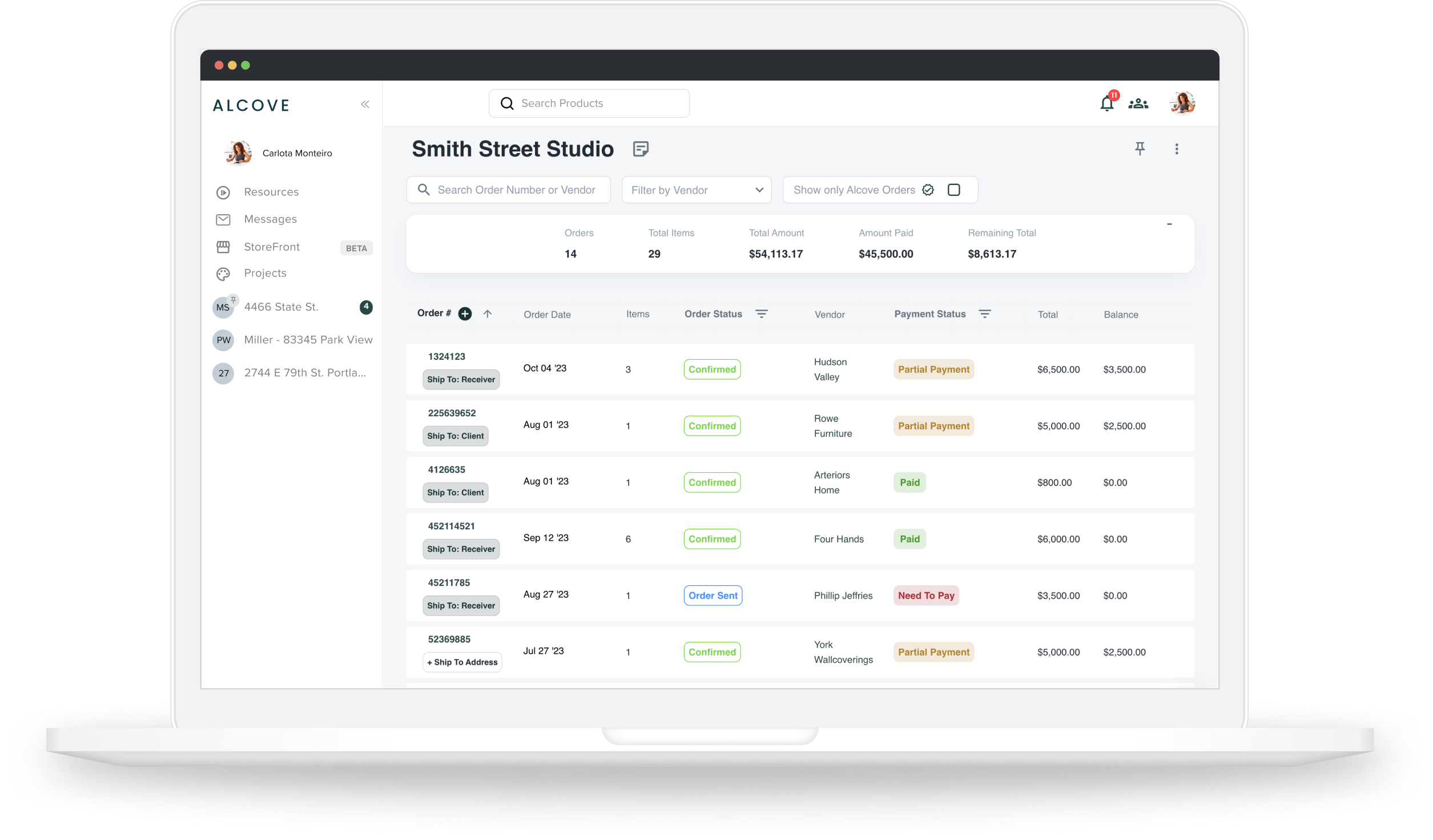 Alcove order management on desktop