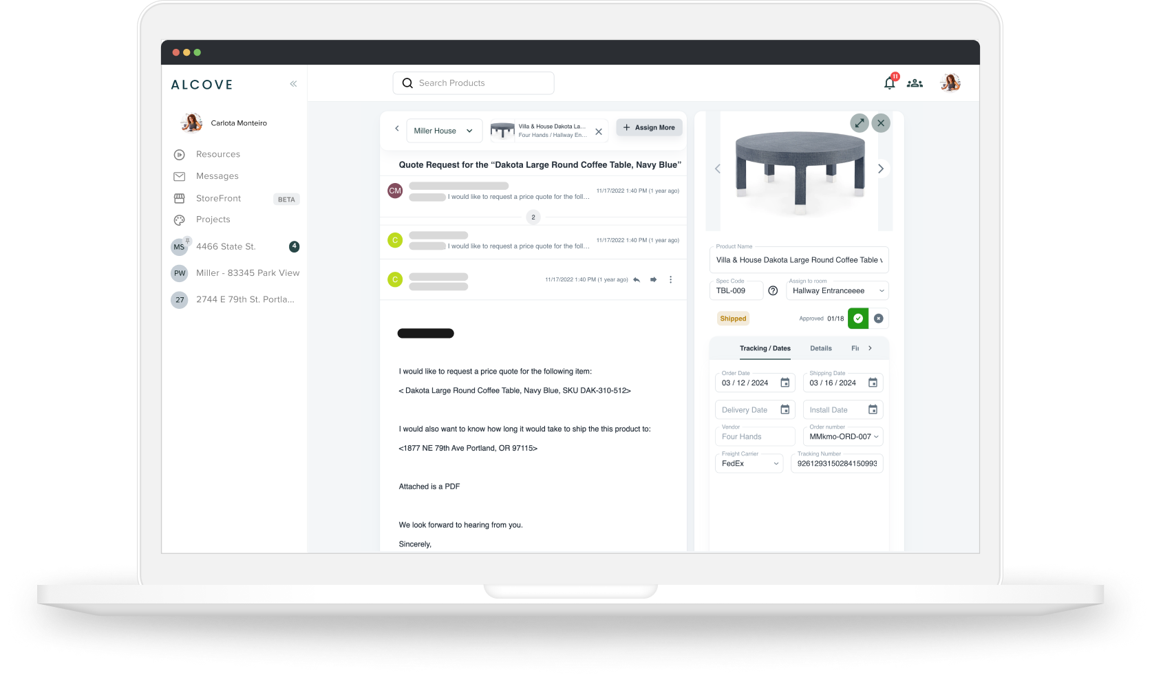Alcove project communications on desktop